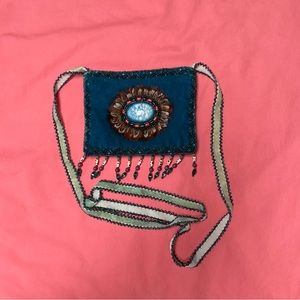 Silk velvet small purse/bag with beading, stone, and feather details